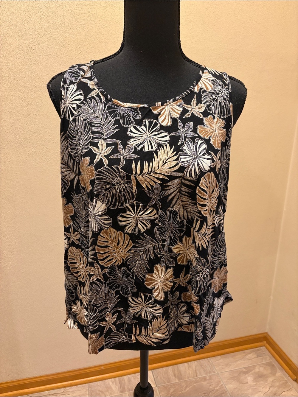 J. Jill Black Tank Top with Tan and White Tropical Print